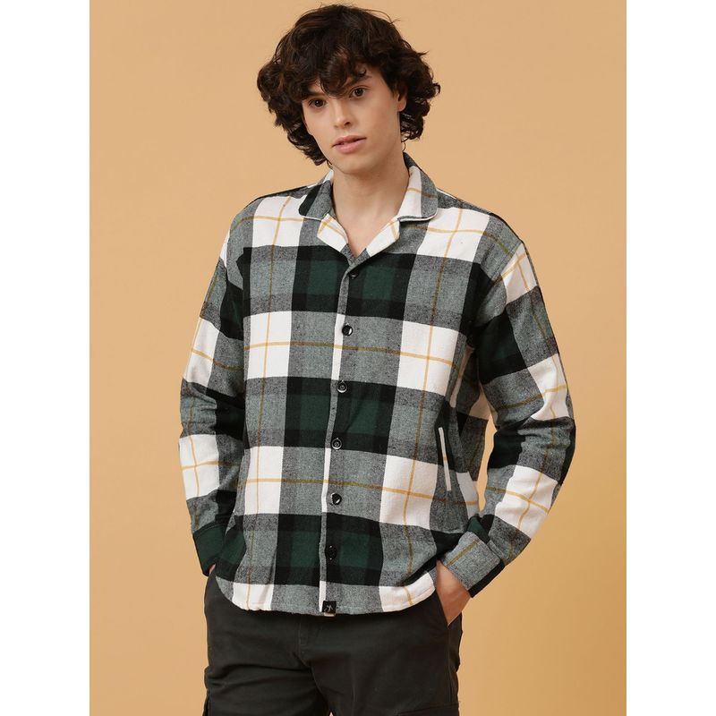 JAVINISHKA Vegan Bottle Green & White Checks Heavy Flannel Baggy Fit Shirt (XL)