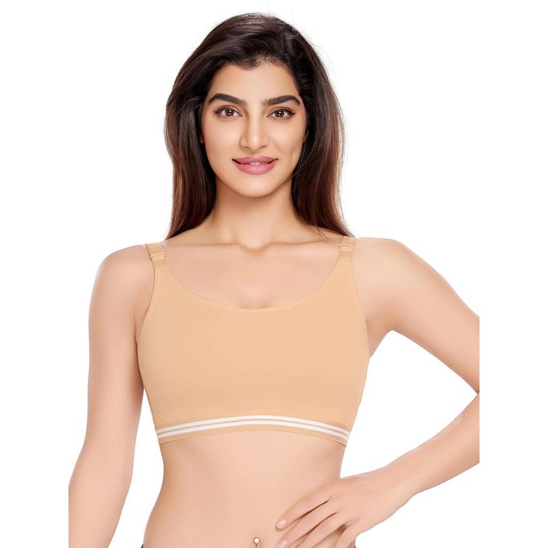 Juliet Womens Beige Padded High Impact Breathable Cotton Fabric Sports Bra (M)