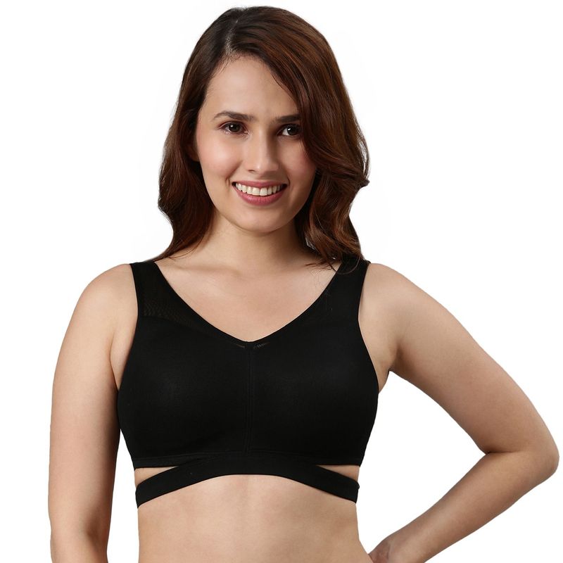 Enamor F110 Non Padded Wirefree Full Coverage Split Band Cut Out Bralette Black (S)