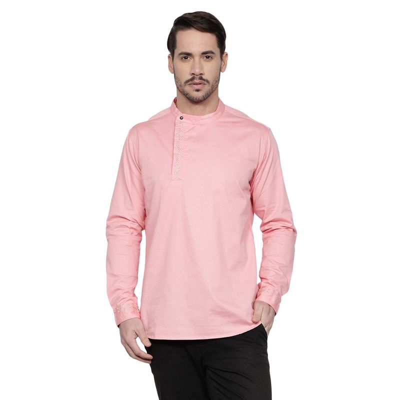 KUONS AVENUE Men's Cotton Pink Twill Angrakha Festive Kurta (M)