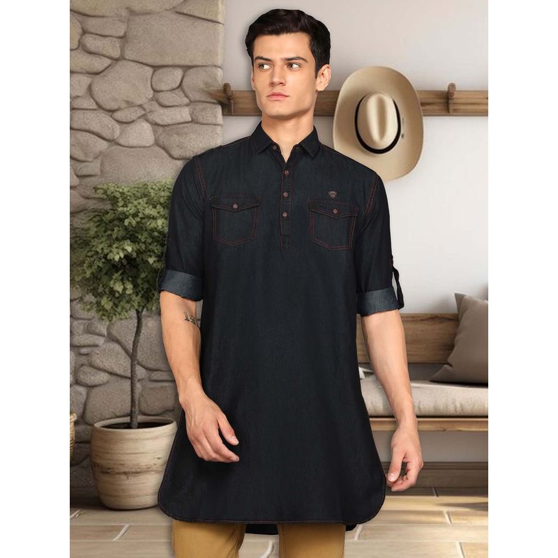 KUONS AVENUE Men's Denim Long Pathani Kurta (M)