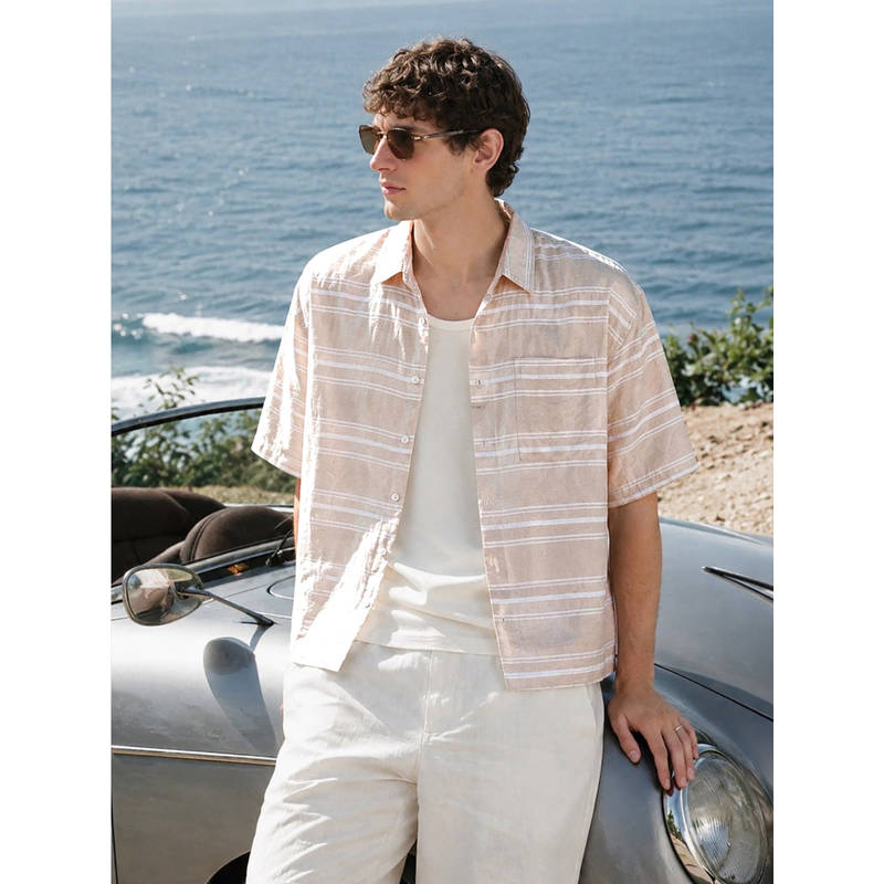 The Indian Garage Co Peach Polyester Blend Collar Neck Boxy Fit Stripes Half Sleeves Shirt (S)