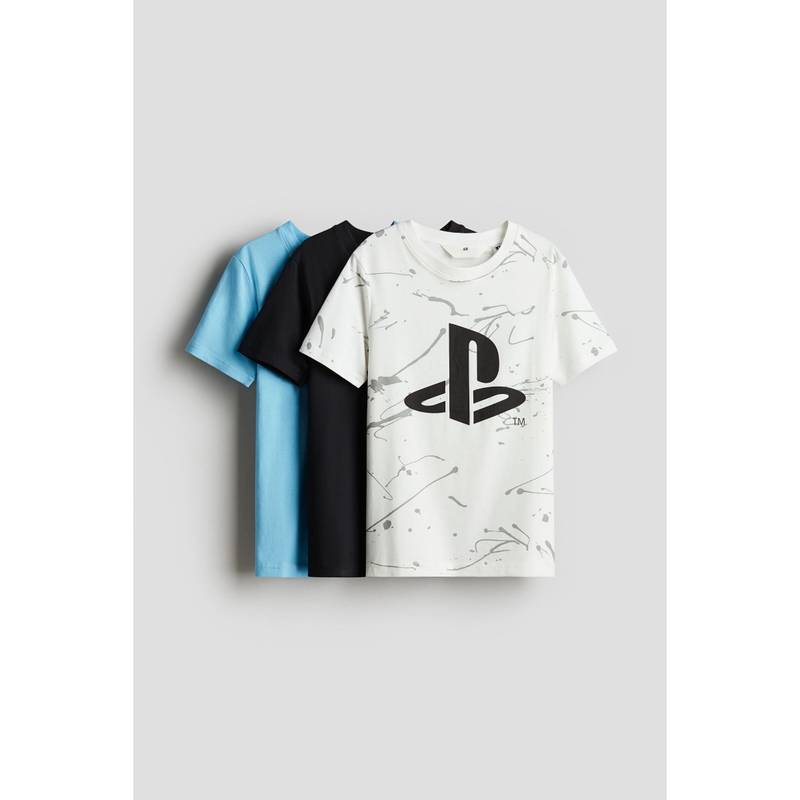 H&M 3-Pack Printed Cotton T-Shirts Blue (8-10 Years)