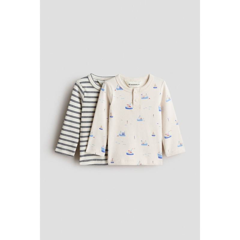 H&M Boys Beige 2-Pack Cotton Henley T-Shirts (0-1 Months)