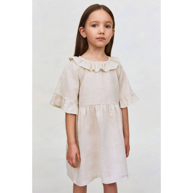 H&M Girls Beige Frill-Collared Linen Dress (6-7 Years) (6-7 Years)