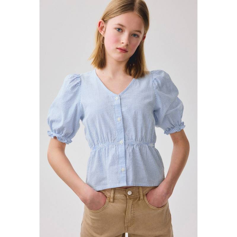 H&M Girls Blue Puff-sleeved cotton seersucker Top (8-9 Years) (8-9 Years)