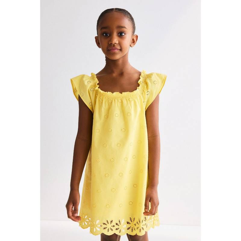 H&M Girls Yellow Broderie Anglaise Cotton Dress (4-5 Years) (4-5 Years)