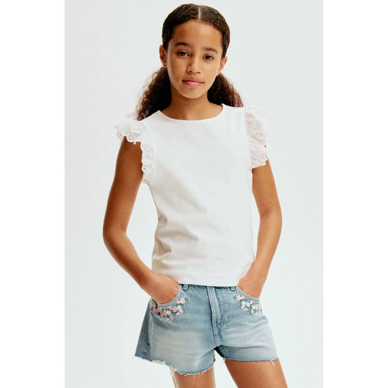 H&M Girls White Flutter-Sleeved Broderie Anglaise Top (14 Years) (14 Years)