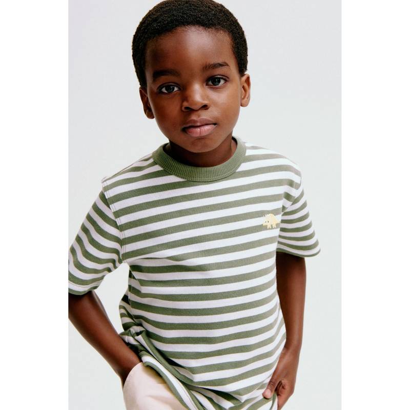 H&M Boys Green Embroidery-Detail T-Shirt (8-10 Years) (8-10 Years)