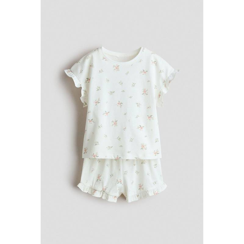 H&M Girls White Frill-Trimmed Printed Pyjama T-Shirt & Shorts (1.5-2 Years)