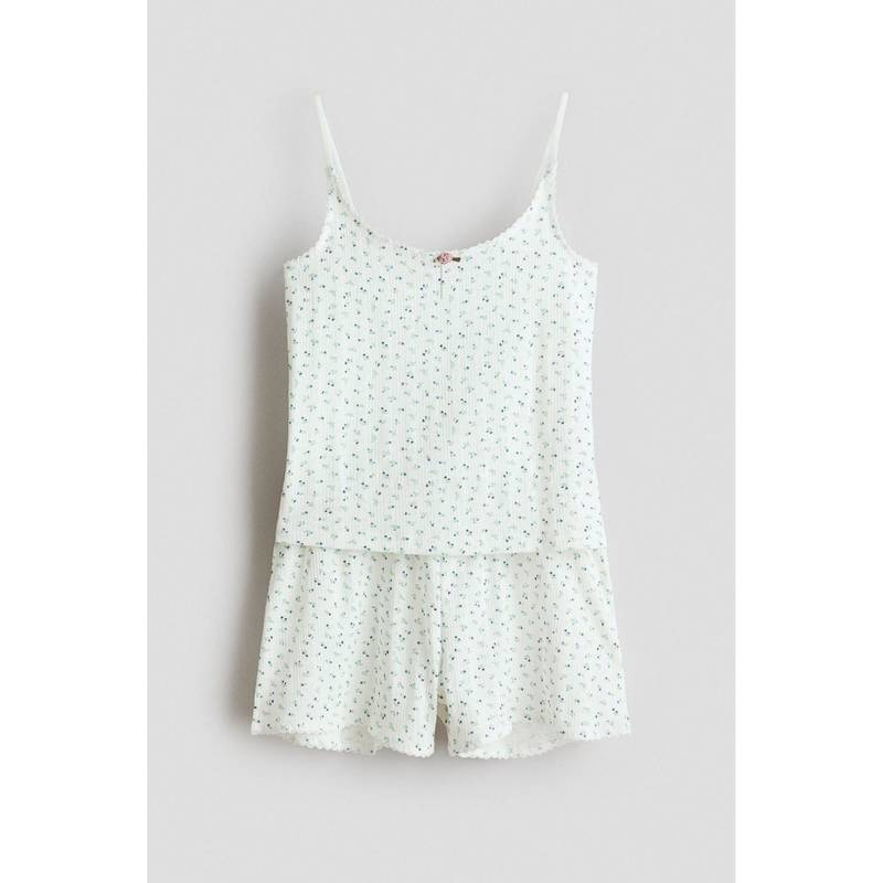 H&M Girls White Ribbed Cotton Pyjama Top & Shorts (8-10 Years)