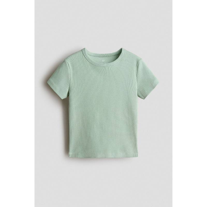 H&M Girls Green Ribbed Cotton Top (8-10 Years) (8-10 Years)