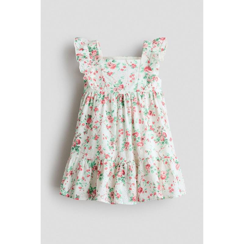 H&M Girls White Frill-Trimmed Patterned Cotton Dress (4-5 Years) (4-5 Years)