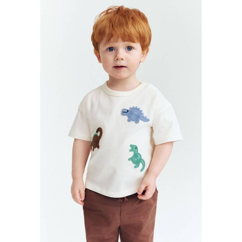 H&M Boys White Motif-Detail T-Shirt (4-6 Months) (4-6 Months)