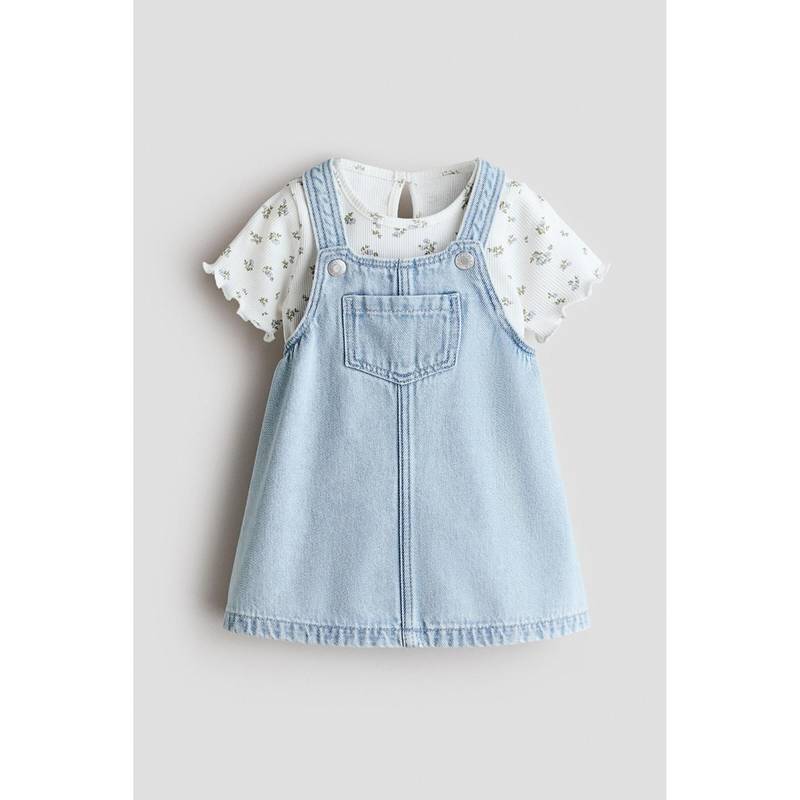 H&M Girls White 2-Piece Dungaree Dress And Top Set (4-6 Months)