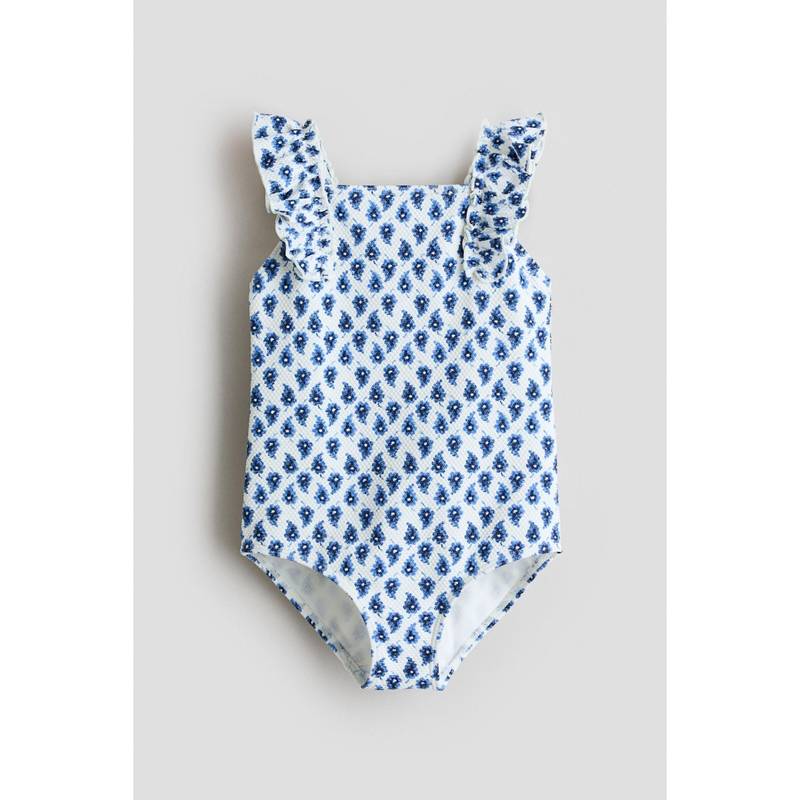 H&M Girls Black Frill-Trimmed Textured Swimsuit (6-8 Years) (6-8 Years)