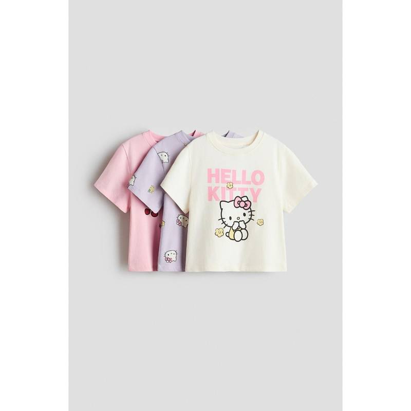 H&M Girls Beige 3-Pack Printed Cotton T-Shirts (6-8 Years)