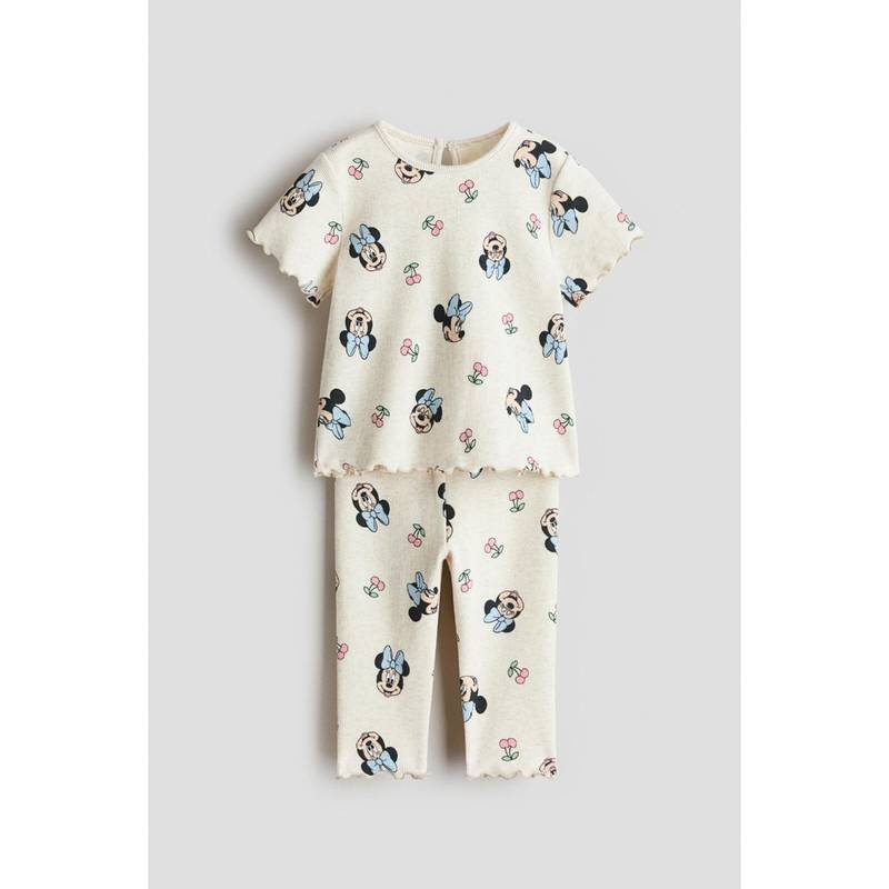 H&M Girls Beige 2-Piece Printed Cotton Set (6-9 Months)