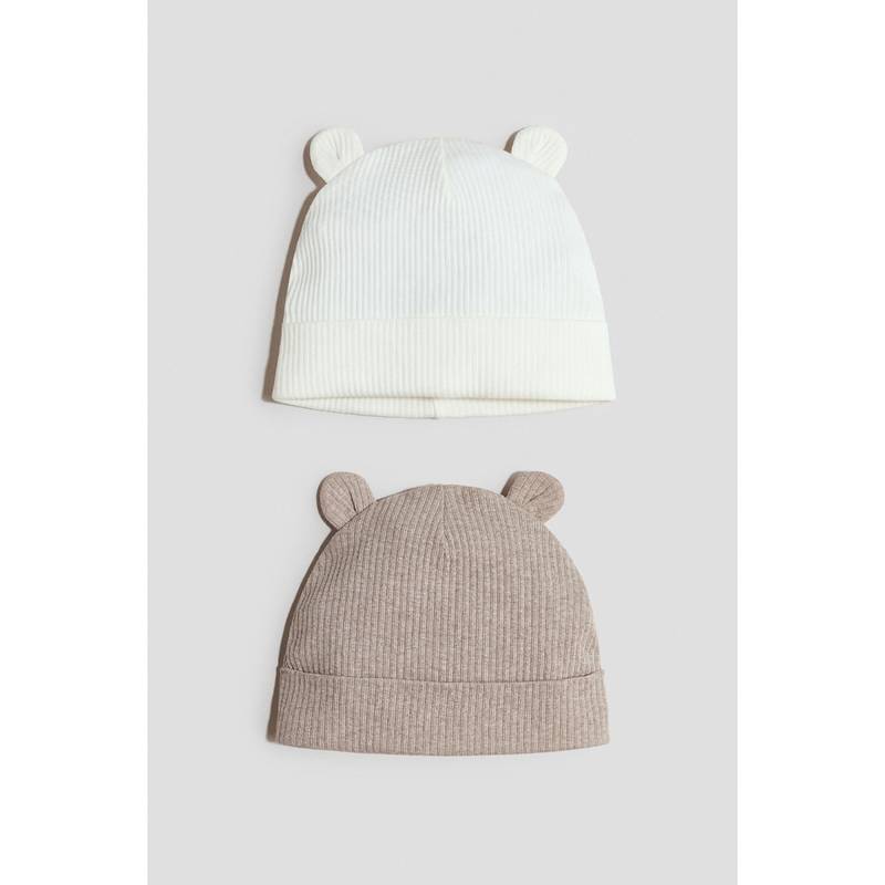 H&M Kids White 2-Pack Ear-Detail Beanies (0-2 Months)