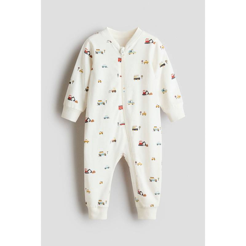 H&M Boys White Printed Cotton Sleepsuit (2-4 Months) (2-4 Months)