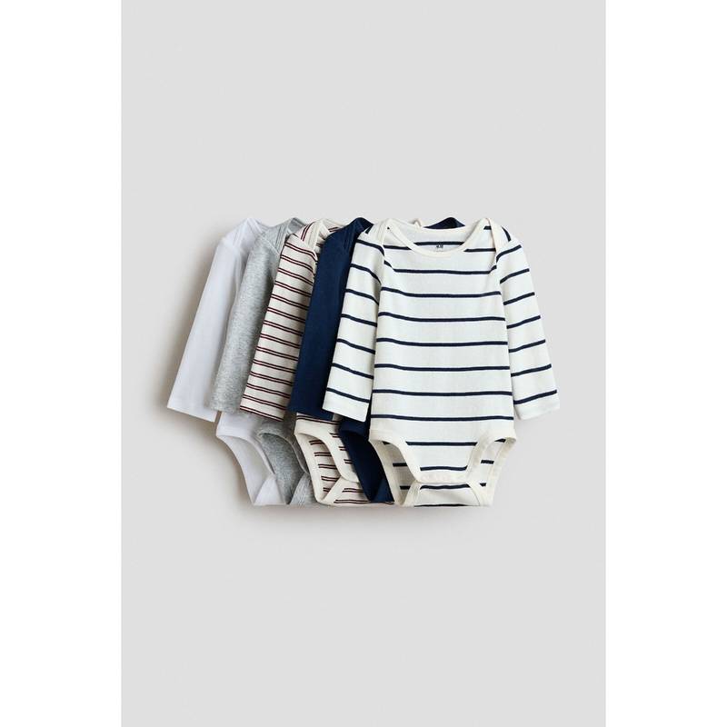 H&M Boys White 5-Pack Cotton Envelope-Neck Bodysuits (6-9 Months)