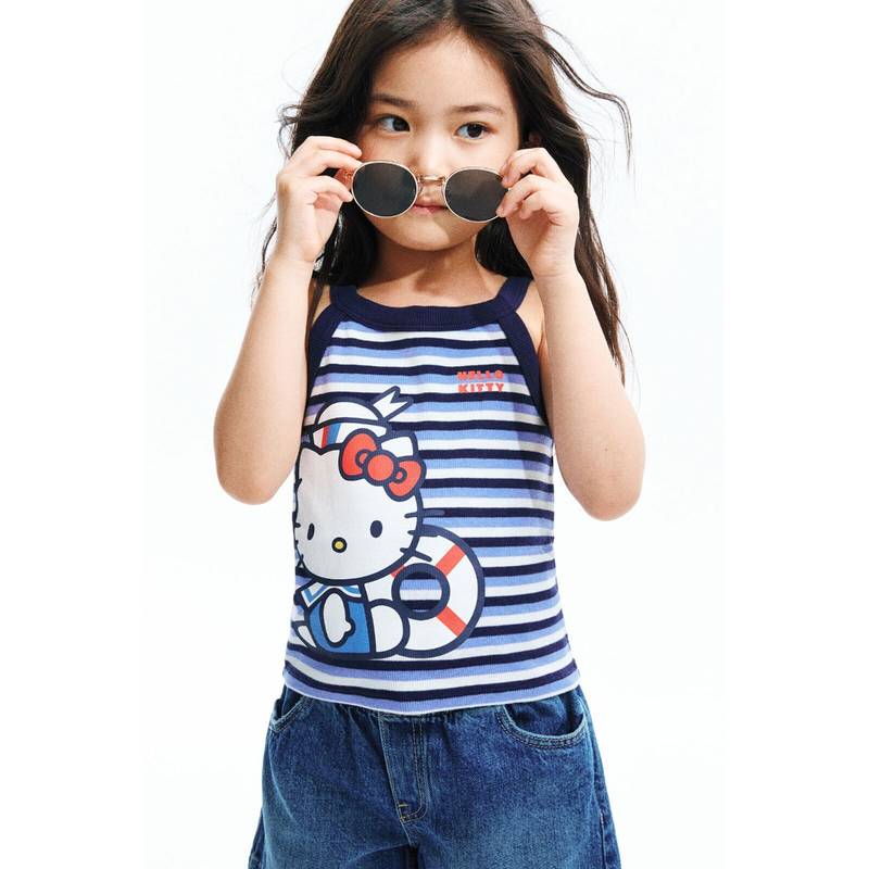 H&M Girls Blue Ribbed Motif-Detail Vest Top (1.5-2 Years) (1.5-2 Years)