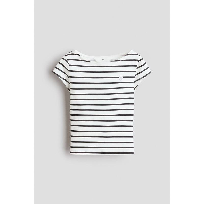 H&M Girls White Motif-Detail Boat-Neck Top (8-10 Years) (8-10 Years)