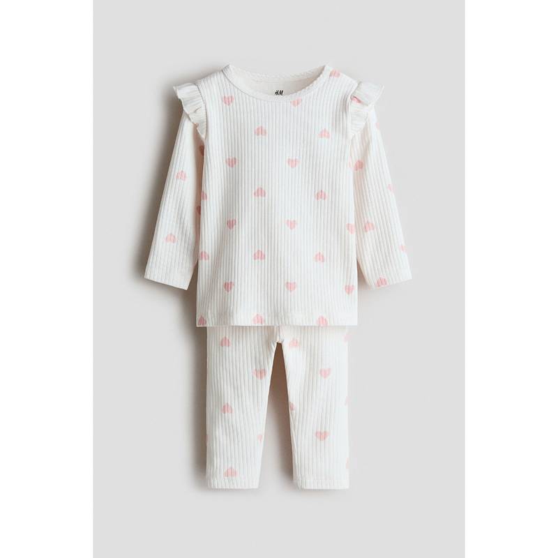 H&M Girls White 2-Piece Ribbed Cotton Set (1-2 Months)