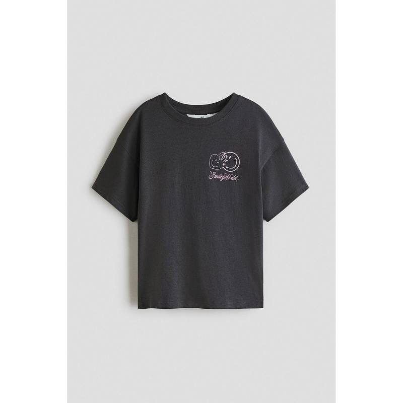 H&M Girls Grey Print-Motif Cotton T-Shirt (8-10 Years) (8-10 Years)