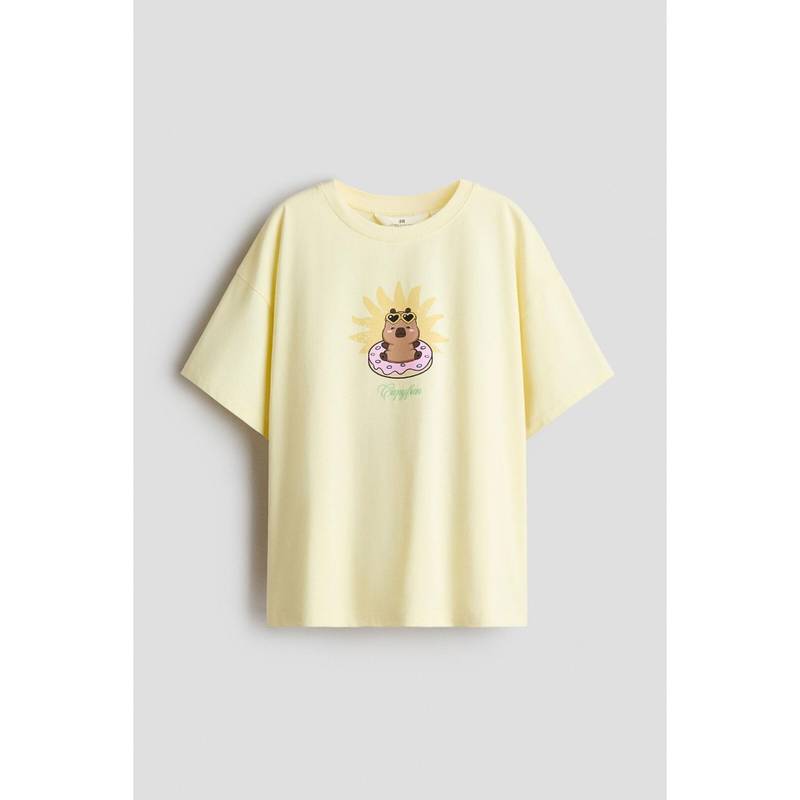 H&M Girls Yellow Printed Cotton T-Shirt (8-10 Years) (8-10 Years)