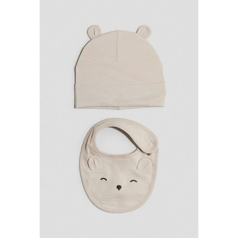 H&M Unisex Beige 2-Piece Beanie And Bib Set (0-2 Months)