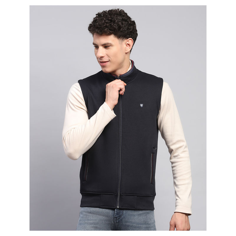 Monte Carlo Men Solid Mock Neck Cotton Blend Navy Blue Sweatshirt (M)