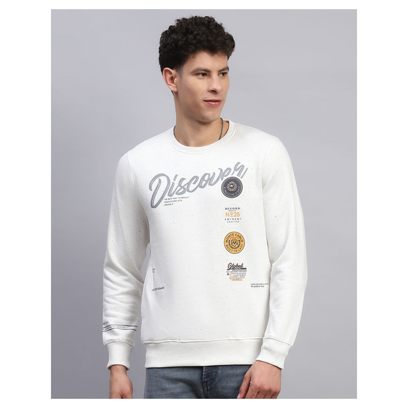 Monte Carlo Men Printed Round Neck Cotton Blend Off White Sweatshirt (M)