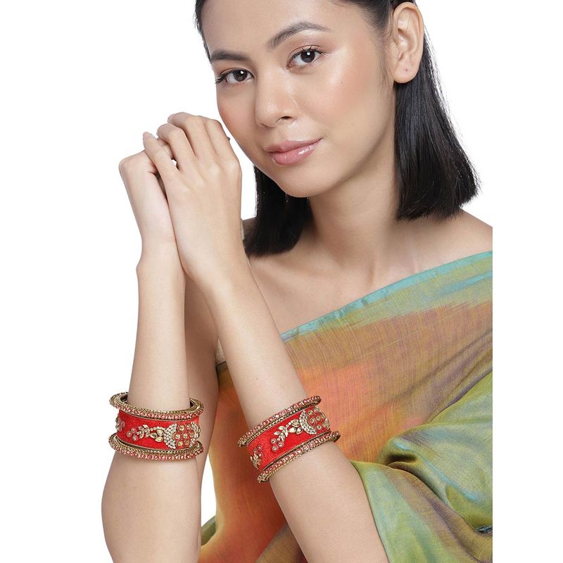 Accessher Set of 6 Gold Plated Red Bangle Set for Women - 2.4