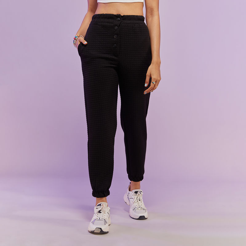 Buy MIXT by Nykaa Fashion Black Textured High Waist Joggers Online