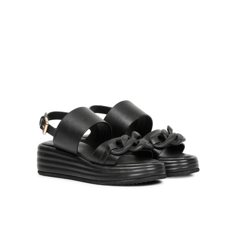 Saint G Link Chain Embellished Black Leather Platform Sandals (UK 7)