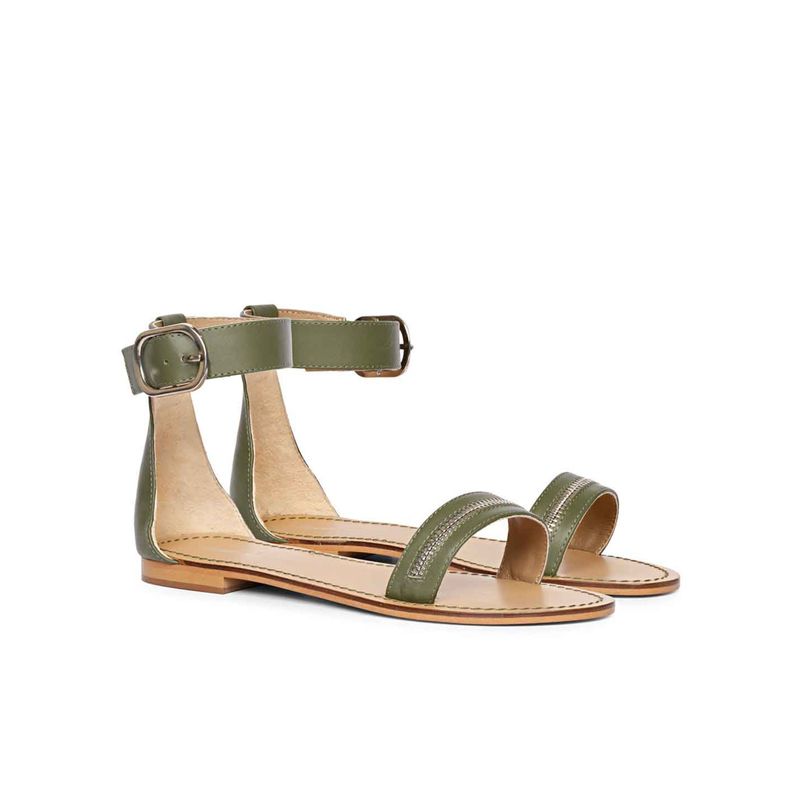 Saint G Zip Decor Olive Leather Open Toe Flats (UK 6)