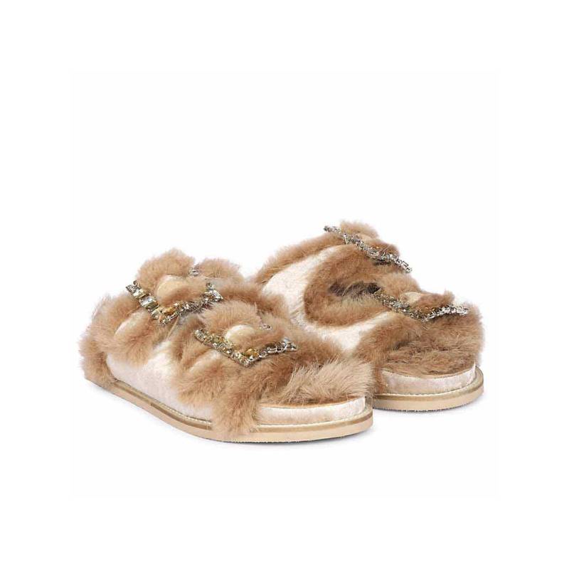 Saint G Gemma Crystal Buckle Beige Fur Snug Sandals (EURO 38)