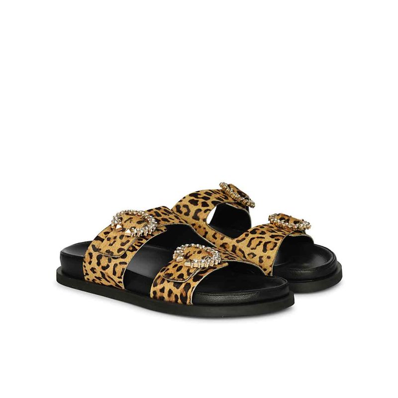 Saint G Jewel Pin Buckle Beige Leo Print Leather Sandals (EURO 36)