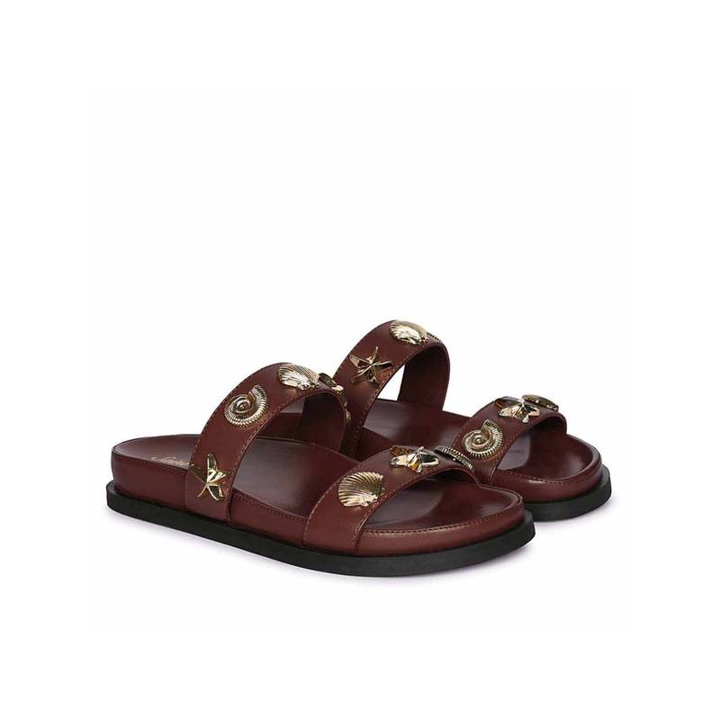 Saint G Hallie Seashell and Star Studs Brown Leather Sandals (EURO 36)