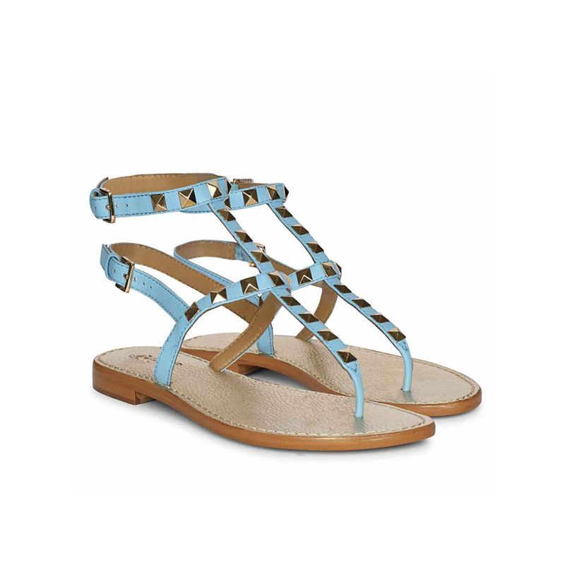 Saint G Womens Sky Blue Genuine Leather Double Buckle Flat Sandals (EURO 38)