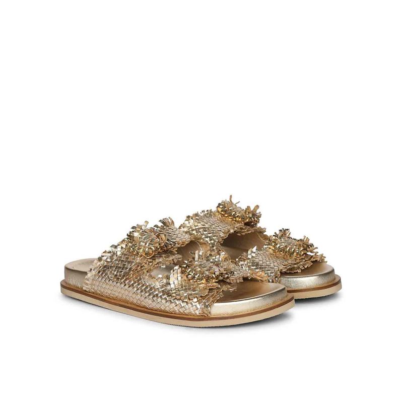 Saint G Nuala Diamante Gold Platin Woven Leather Sandals (EURO 38)