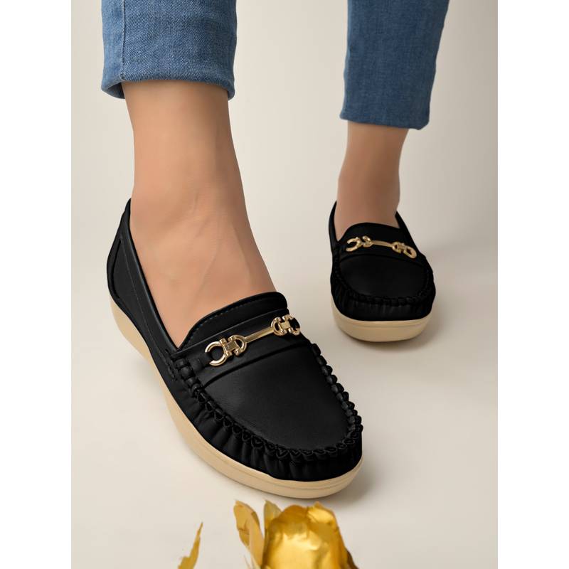 Shoetopia Upper Metallic Buckle Detailed Black Loafers for Women & Girls (EURO 36)