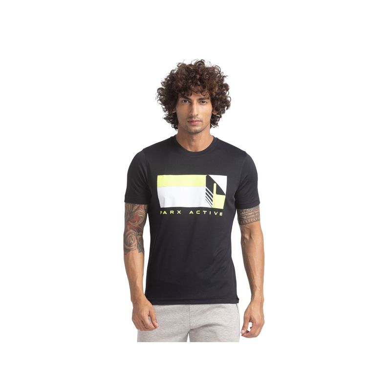 Parx Regular Fit Printed Black T-Shirt (S)