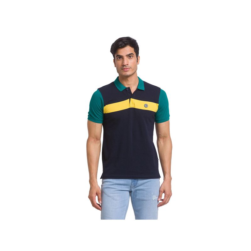 Parx Regular Fit Yarn Dyed Colorblock Dark Blue Polo T-Shirt (M)