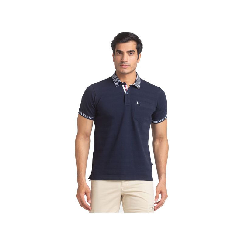 Parx Regular Fit Printed Dark Blue Polo T-Shirt (S)