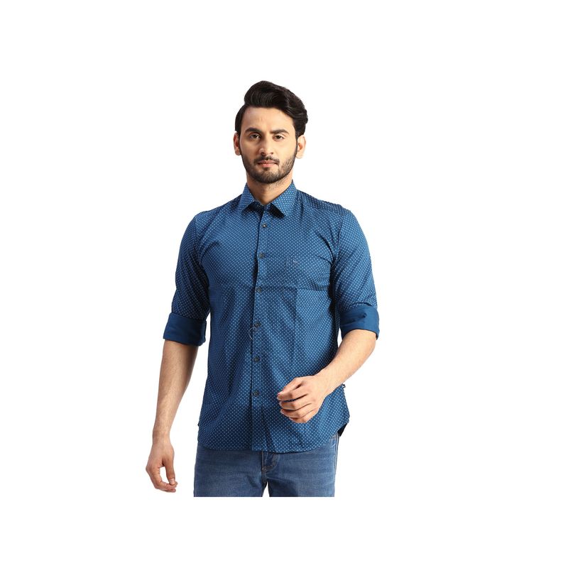 Parx Slim Fit Printed Dark Blue Shirt (40)