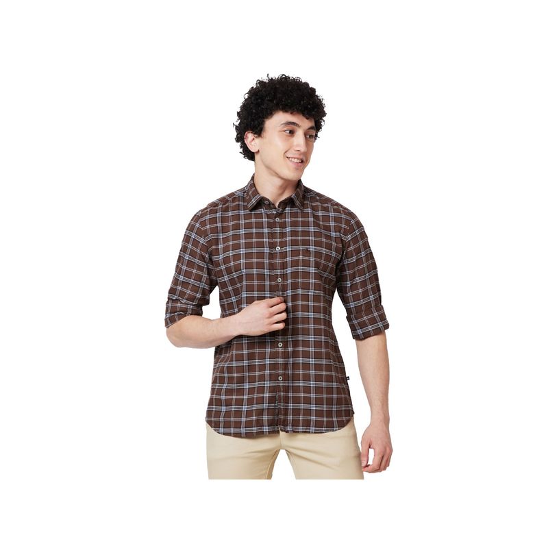 Parx Slim Fit Checkered Dark Brown Shirt (40)