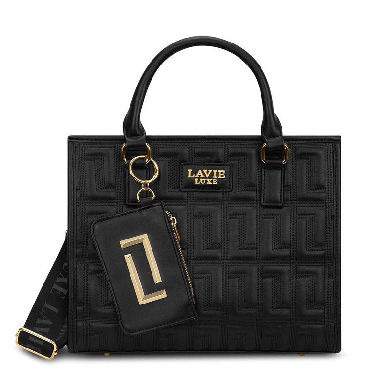 Lavie Luxe Quem Black Textured Satchel Bag with Detachable Strap with Pouch (M)