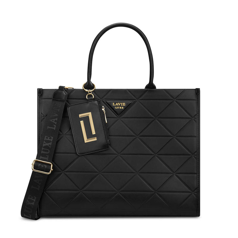 Lavie Luxe Lisa Black Textured Satchel Bag with Detachable Strap with Pouch (XS)